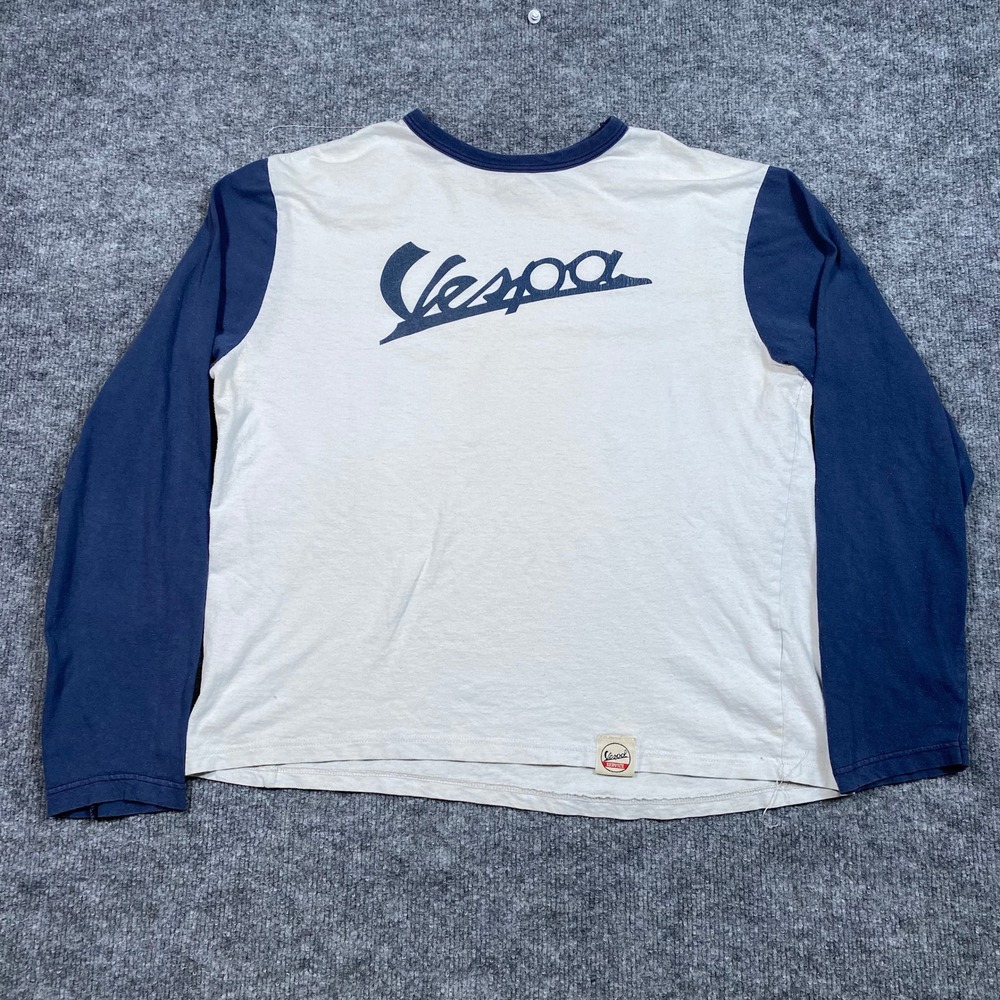 Vespa Service Long Sleeve Raglan T-Shirt Navy Cream Mens Large Logo Cotton Tee
